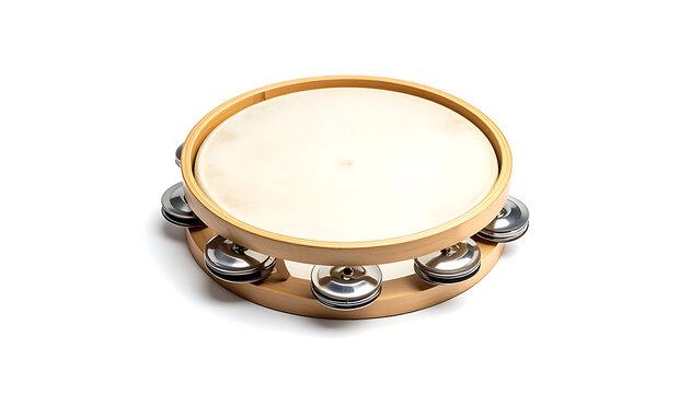 Isolated tambourine with jingles and a light-colored drumhead, percussion instrument, musical accessory