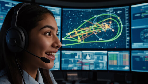 Close up portrait of a smiling young female operator wearing a headset working inside a futuristic flight mission control room tracking orbital paths on multiple digital screens