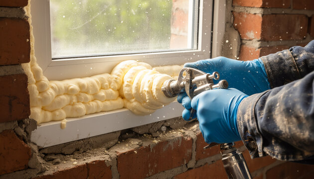 Professional construction worker applying expanding polyurethane foam sealant from a metal gun dispenser into a gap around a white window frame and brick wall during insulation process