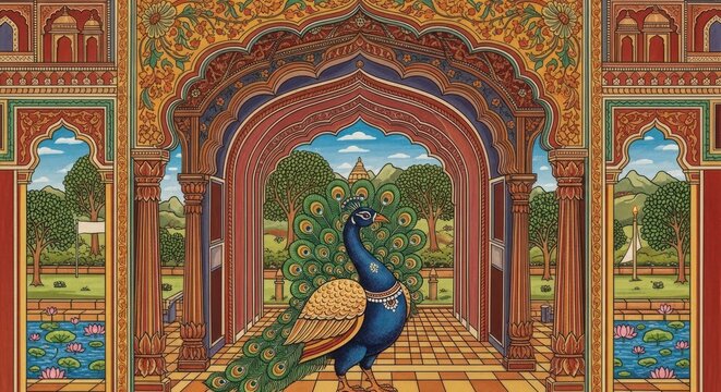 Vibrant Indian Peacock Amidst Ornate Mughal Architecture and Lush Gardens.