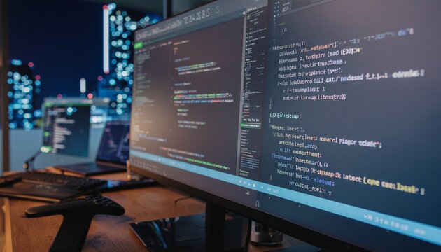 Desktop Computer Screens Show Coding Language User Interface. Program Development, Code, web programming concept. 3d rendering