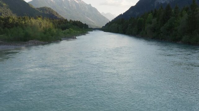 Majestic Lech River Flowing Through the Picturesque Alpine Valley of Lechtal in Austria