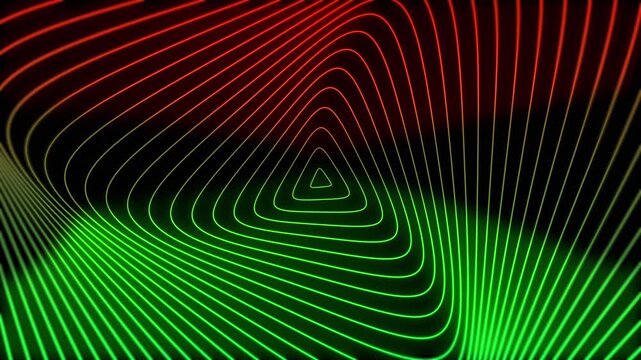 Abstract neon green and red glowing rounded triangle lines moving in a seamless loop on a black background for digital background motion graphics and retro synthwave aesthetic