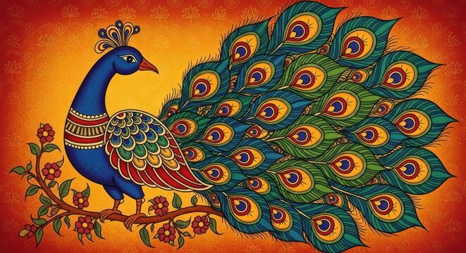 Vibrant Indian Peacock Art Painting on Branch.