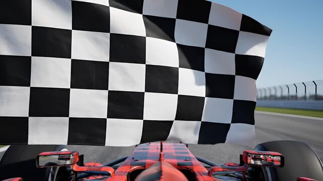 Formula 1 Race Car Approaches Finish Line Waving Chequered Flag.