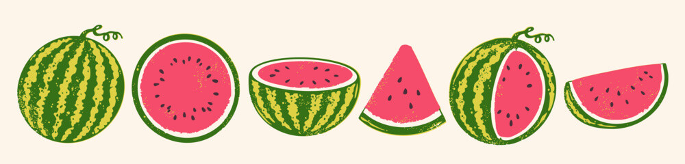 Obraz na płótnie Canvas Juicy ripe Watermelon set. Whole, half, sliced berry, triangle slice of watermelon. Summer fruit theme. Hand drawn trendy Vector illustration. Isolated design elements. Poster, print, logo template