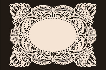 Elegant lace Napkin, Frame. Beautiful shape, ornaments, crochet doily borders. Hand drawn Vector illustration. Wedding invitation, greeting card, Valentine day concept. Isolated design element