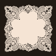 Fototapeta na wymiar Elegant lace Napkin, Frame. Beautiful shape, ornaments, crochet doily borders. Hand drawn Vector illustration. Wedding invitation, greeting card, Valentine day concept. Isolated design element