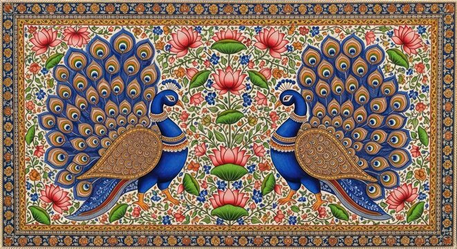 Vibrant Indian Peacock Art with Intricate Floral Patterns and Lotus Flowers.