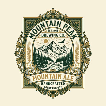 Vintage Mountain Peak Brewing Co Ale Beer Label Design.