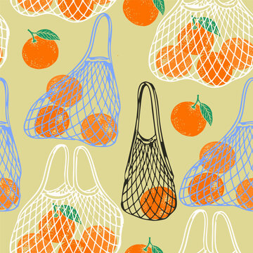Delicious juicy orange tangerine mandarin satsuma fruit. Whole fruit in net bags. Hand drawn trendy Vector illustration. Tasty, healthy food concept. Square seamless Pattern, background, wallpaper