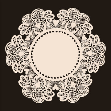 Elegant lace Napkin, Frame. Beautiful shape, ornaments, crochet doily borders. Hand drawn Vector illustration. Wedding invitation, greeting card, Valentine day concept. Isolated design element