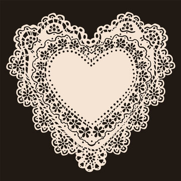 Elegant lace Napkin, Frame. Beautiful shape, ornaments, crochet doily borders. Hand drawn Vector illustration. Wedding invitation, greeting card, Valentine day concept. Isolated design element