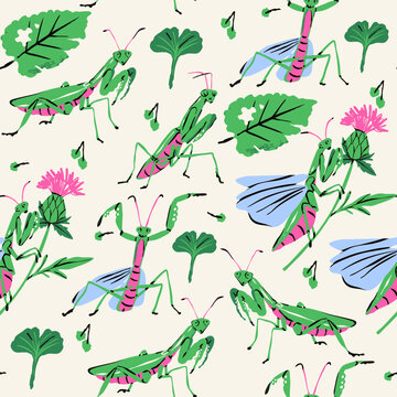 Various praying Mantis set. Cute green, pink insects, bugs, leaves, flowers. Hand drawn trendy Vector illustration. Square seamless Pattern, background, wallpaper