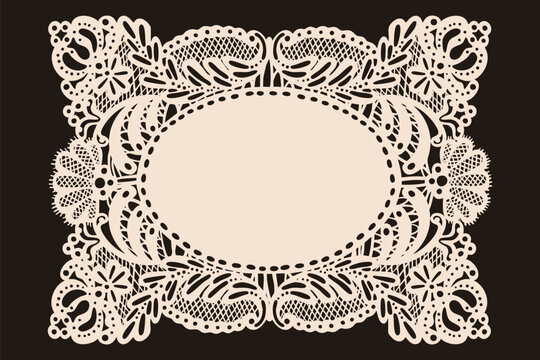 Elegant lace Napkin, Frame. Beautiful shape, ornaments, crochet doily borders. Hand drawn Vector illustration. Wedding invitation, greeting card, Valentine day concept. Isolated design element