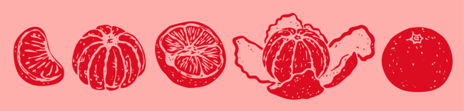 Delicious abstract Tangerine set. Ripe orange mandarin satsuma fruit. Whole, sliced, peeled, piece, skin. Hand drawn trendy Vector illustration. Isolated design elements. Tasty, healthy food concept