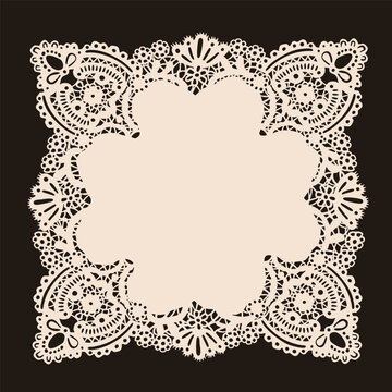 Elegant lace Napkin, Frame. Beautiful shape, ornaments, crochet doily borders. Hand drawn Vector illustration. Wedding invitation, greeting card, Valentine day concept. Isolated design element