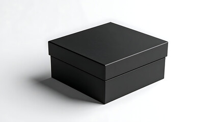 Naklejka premium Isolated plain black closed square gift box with lid on a subtle white background, minimalist packaging mockup