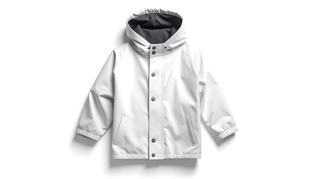 Isolated white child's raincoat with hood, snap button closure, and elastic cuffs, front view on a neutral background