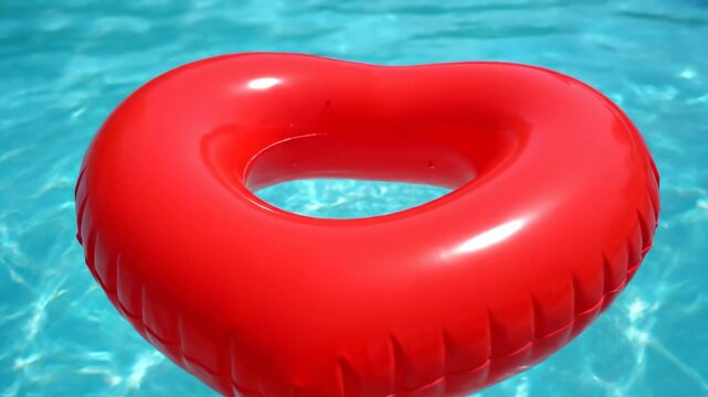 Vibrant Red Inflatable Heart Shape Swimming Tube Floating Gently on Rippling Blue Pool Water Reflecting Bright Summer Sunlight