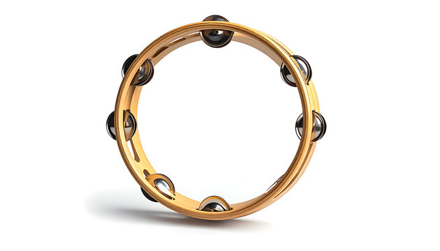Isolated wooden tambourine with metal jingles on a white background, musical percussion instrument
