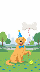 Fototapeta premium Golden Retriever Dog Wearing Party Hat in Park with Balloon Bone