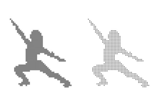 Pixel art illustration of two fencers in different styles, one solid and one dotted, isolated on transparent background