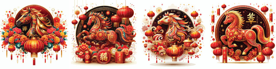 Obraz premium Set of Chinese New Year themed vector illustrations of the horse zodiac on a simple white background
