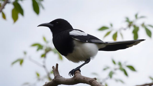 A striking black and white bird, commonly found in natural habitats, is perched elegantly on a branch. Its sharp beak and vivid plumage make it a captivating sight in the wild.