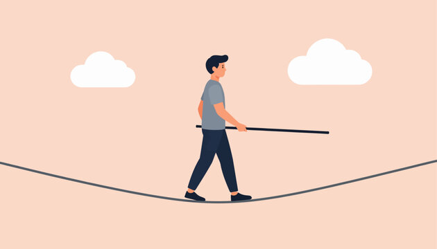 A person balances precariously while walking on a tightrope with clouds in the background, symbolizing risk and precariousness in life or business