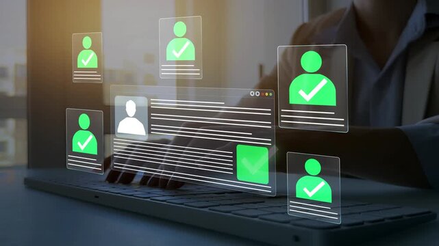 Business professional reviewing digital CV on a laptop, analyzing candidate profiles for recruitment and hiring decisions.Concept of Human Resources ,election and online application screening process.