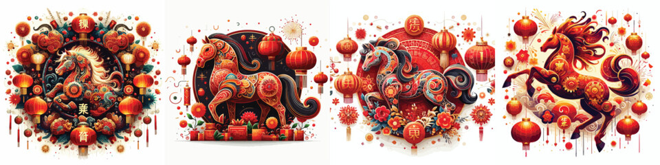 Fototapeta premium Set of Chinese New Year themed vector illustrations of the horse zodiac on a simple white background