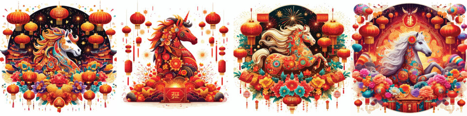 Obraz premium Set of Chinese New Year themed vector illustrations of the horse zodiac on a simple white background