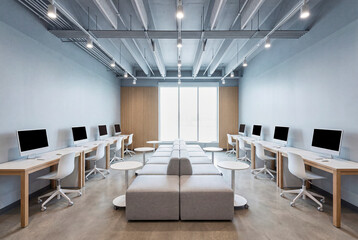 Fototapeta premium Bright Business Office Interior With Open Plan Desks and City Windows for Business and Corporate Use