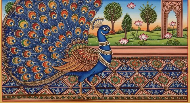 Vibrant Indian Peacock Displaying Its Feathers in a Traditional Garden Setting.