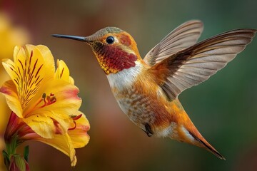 Obraz premium Agile rufous hummingbird approaching a yellow lily blossom for nectar in a natural outdoor environment.