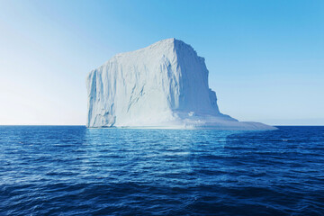 colossal massive tabular iceberg floating in a ocean under a clear blue sky. Large iceberg floating in open deep blue waters,  the effects of climate change and ice shelf retreat. Global warming © alones