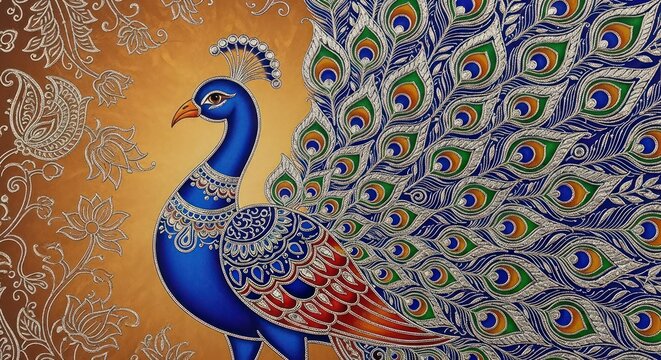 Vibrant Indian Peacock Displaying Ornate Feathers in Traditional Art Style.