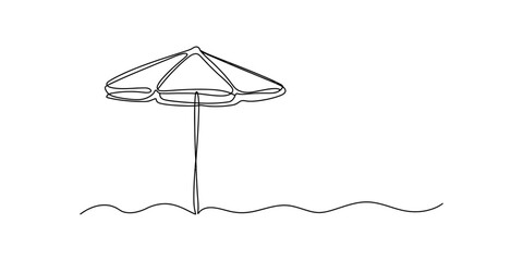 Single line drawing of a beach umbrella on sand with wavy lines representing the sea Vector, illustration © Kailash Roy