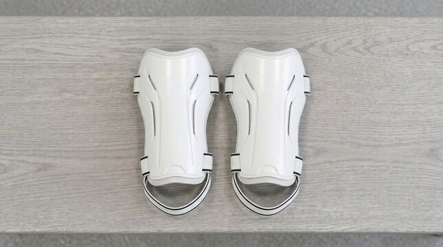 Pair of white soccer shin guards resting on wooden locker bench