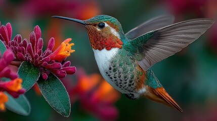Fototapeta premium A small hummingbird feeding from pink and yellow tropical flowers.