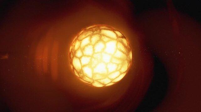 Carbon Star
Animation of a rare carbon star glowing intensely with a reddish-orange hue in deep space. 