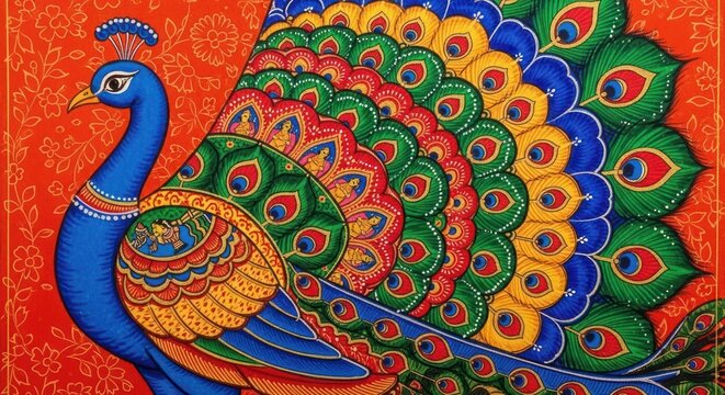 Vibrant Indian Peacock Painting with Intricate Feather Details.
