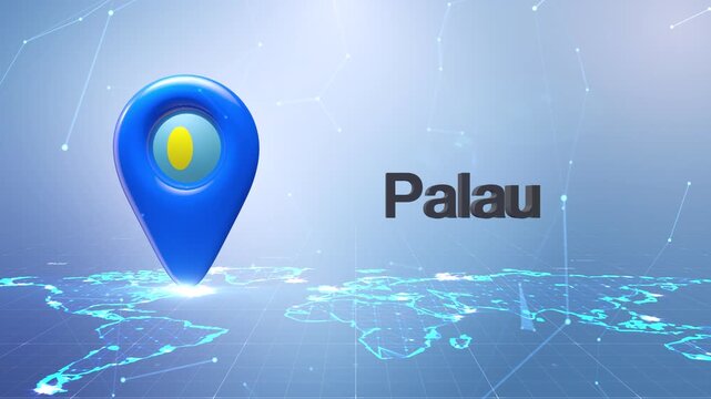 Palau Flag Inside Location Pin On Digital World Map Animation