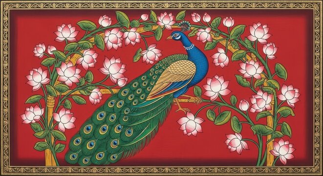 Vibrant Indian Peacock Perched Amidst Blooming Lotus Flowers on Red Background.