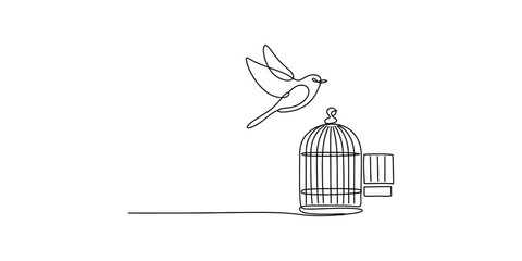 Single line drawing of a bird flying away from an open cage, symbol of freedom and escape Vector, illustration © Kailash Roy