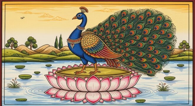 Vibrant Indian Peacock Stands Proudly on Lotus Flower in Serene Water Landscape.