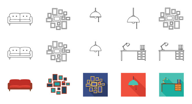 Icons for home furniture and interior decor including sofas picture frame layouts ceiling lamps and office desks in various line and flat styles.