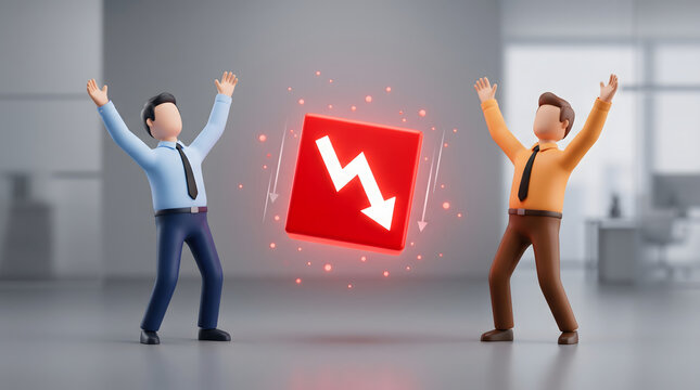 3D business people panicking over falling red economic arrow cube stock market crash