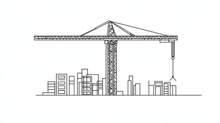 Naklejka premium Minimalist line drawing crane towering over a cityscape against a white background